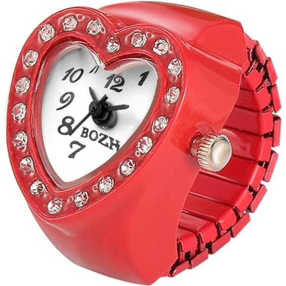 Romantic Red Heart Watch Ring – Crystal-Accented Timepiece Jewelry - Picture 1 of 6